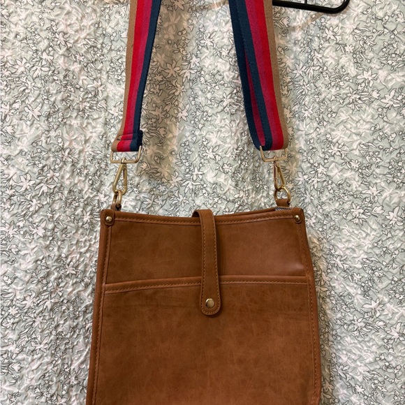 Threaded Pear Handbags - Brown Crossbody Bag with Striped Adjustable Strap